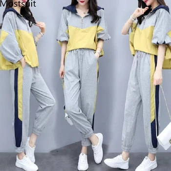 

Grey Sport Casual Two Piece Sets Outfits Tracksuits Women Plus Size Hooded Tops And Pants Suits Spring Autumn Fashion Loose Sets