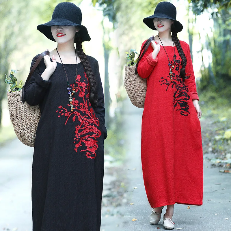 

2018 Autumn And Winter New Style Ethnic-Style Crew Neck Long-sleeved Pullover Jacquard Embroidery Large Size Dress Women's