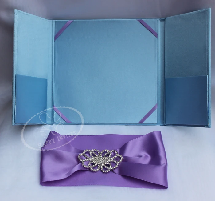 HI2003-43 Custom Light Blue Silk Folio Wedding Invitation with Purple ribbon Silver Foiling Writing More Colors Available Factory Price