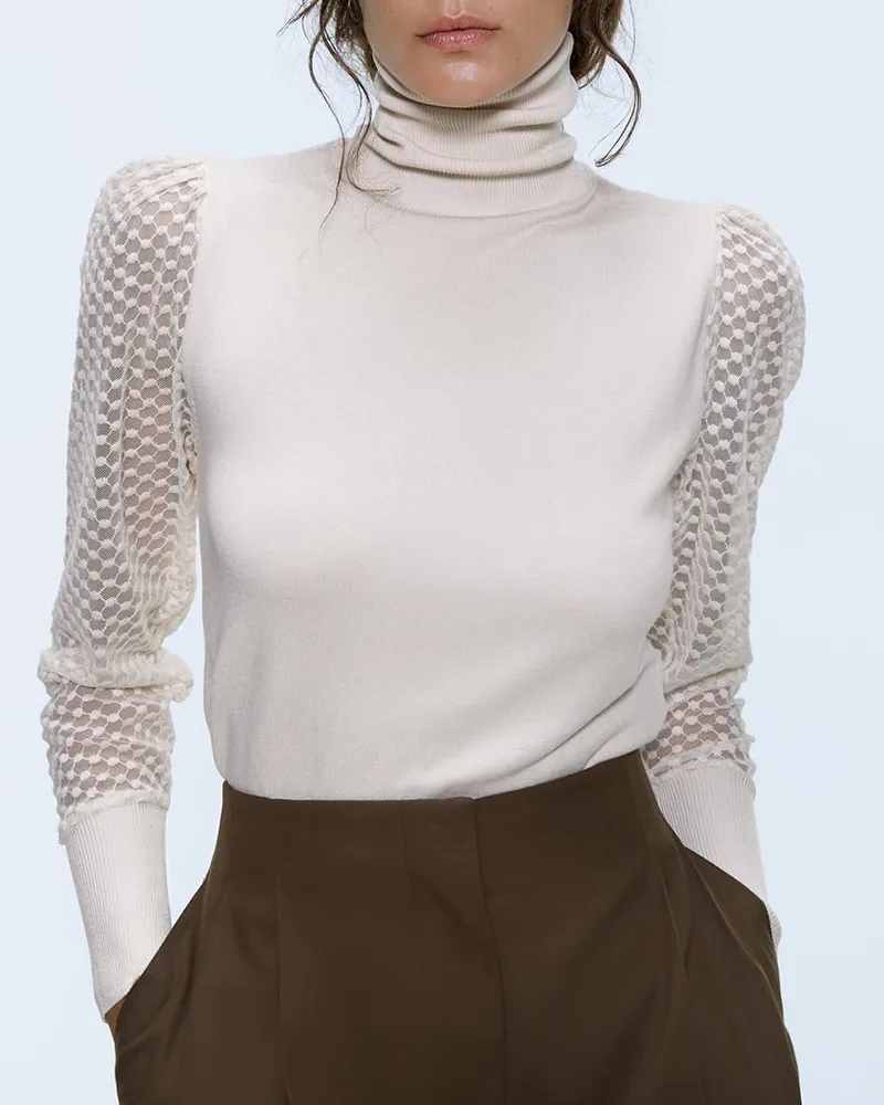 High Neck Long Sleeve Lace Insert Blouse Women Autumn Brief Casual Tops | Женская одежда