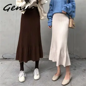 

Korean Women Autumn Bodycon High Elastic Waist Pleated Long Pencil Skirt Female Mermaid Knitted Midi Skirts Jupe Longue Femme