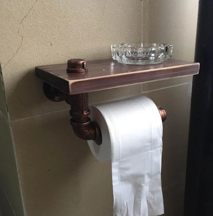 

Toilet Retro Pipe Paper Tissue Roll Mounted Home Wall Metal Pipe Decor Wooden Shelves Holder Make Home Fashion And Cute