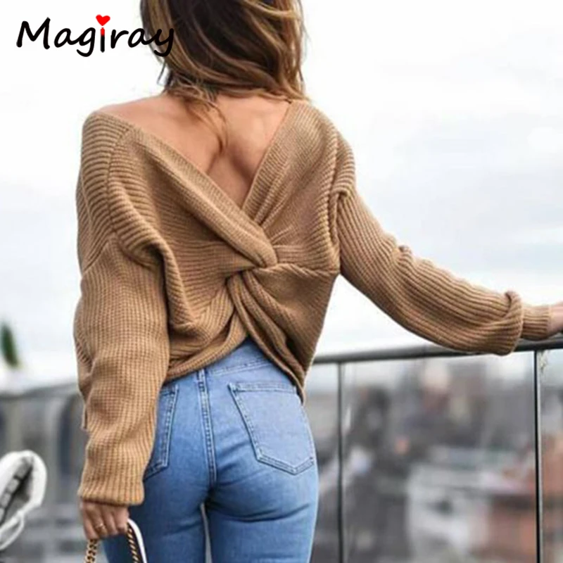 

Magray Sexy Deep V Neck Backless Twist Knot Sweater Women 2019 Autumn Winter Knit Pull Femme Streetwear Pullover Cropped Jumper
