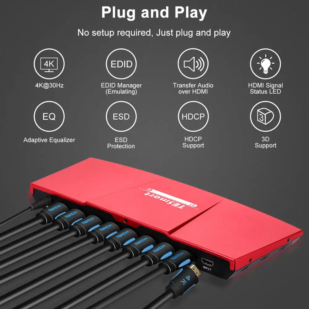 Сплиттер HDMI 1x8 8 портов сплиттер 1 дюйм разрешение до Ultra HD 4K 30 Гц Поддержка