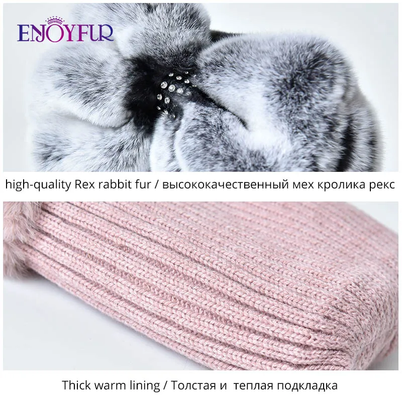 ENJOYFUR натуральный мех кролика рекс зимние меховые шапки для женщин натуральный мех шапка с модным бантом теплая женская шапка