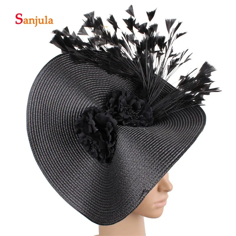 Желтые соломенные вечерние шляпы для женщин с перьями, Великолепные Свадебные шляпы для свадьбы, sombrero mujer boda H379 - Цвет: Черный
