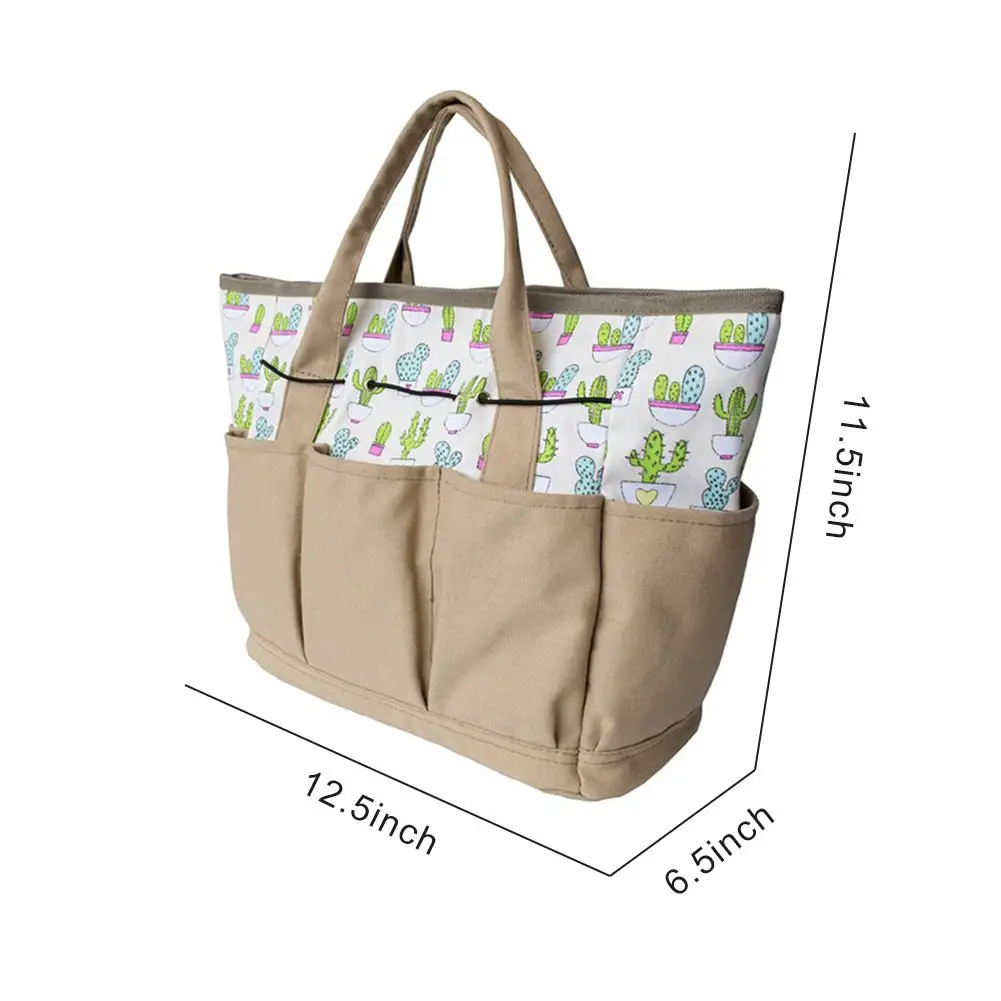 Garden Tool Storage Bag Cactus Pattern Canvas Outdoor Multi Pocket Gardening Tool Organizer Tote Bag Carrier