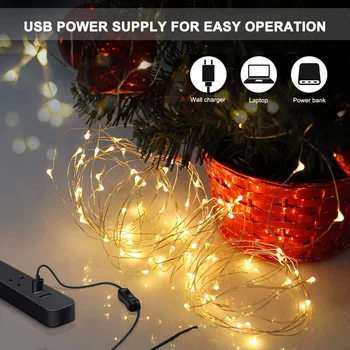 

Fairy Lights 12m 120 LEDs String Lights USB IP65 Waterproof Warm White for Xmas,Wedding,Indoor/Outdoor-Silver Wire