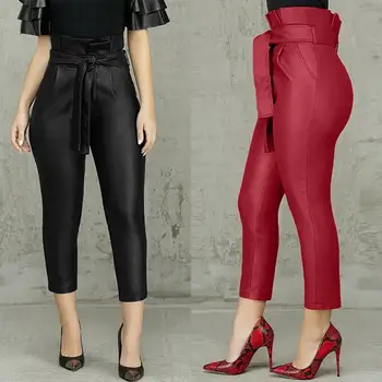

Women's Front Zipper Trousers 2020 ZANZEA Stylish Tight Leather Pants Lace Up High Waist Pantalon Stretch Turnip Plus Size