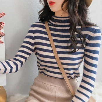 

Fashion Sweater Loose Stripe AutumnTurtleneck Long-sleeved Knitted Pullover Casual Tops T3