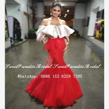 

2020 Boat Neck Mermaid Evening Dress Long Vestidos White Top and Red Skirt Runway Prom Dresses Party For Women Robe De Soiree