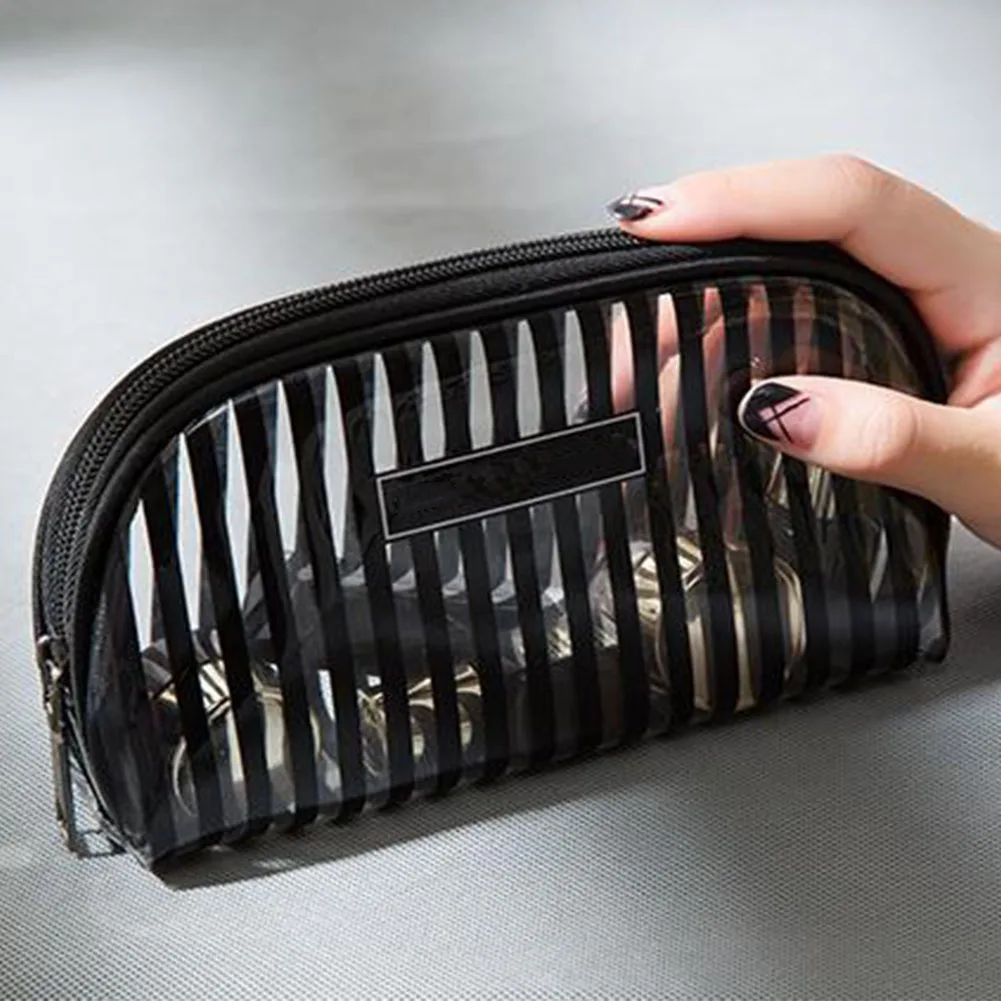 

Travel Wash Products Striped Pattern Durable Portable Fashion Waterproof Transparent PVC Cosmetic Storage Bag Zipper Closure
