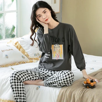 

2020 Women Pajamas Sets Autumn Long Sleeve Thin Print Cute Sleepwear Big Girl Pijamas Mujer Leisure Student Pajama