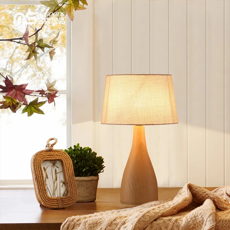 New Decorative All Solid Wood Tablr Lamp For Bedroom bedside Night Light Creative Linen Lampshade Indoor Lighting