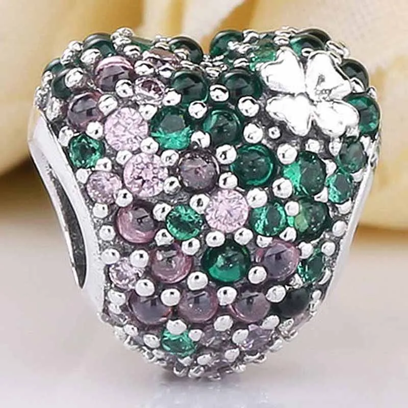 

New 925 Sterling Silver Charm Lucky Four-leaf Clover Heart With Crystal Bead Fit Original Bracelet Necklace DIY Jewelry