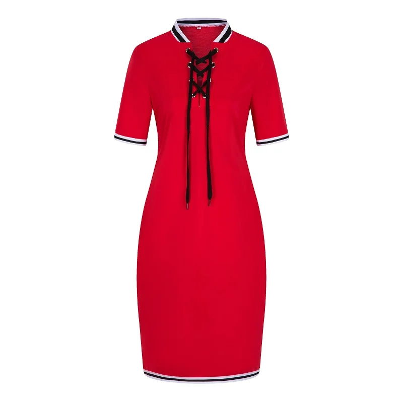 Women Dress Plus Size 6XL Oversized Stand Polo Dresses T Shirt Female Summer Short Sleeve Red Blue Bodycon Mini Pencil Dresses