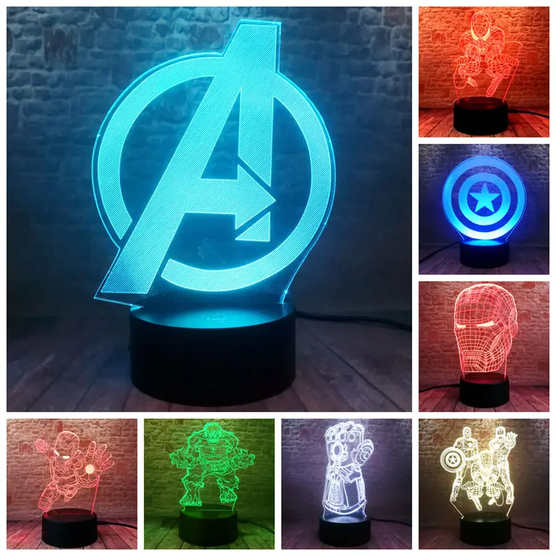 Marvel Iron Man Figura 3D LED NightLight Deadpool Black Panther Spiderman The Avengers Hulk Figure IronMan Mask Model Toys
