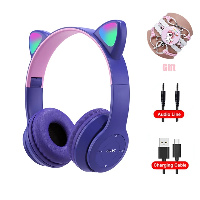 Pink Girl Wireless Headphones RGB Cute Cat Ears Headset With Microphone Noise Cancelling Kid Stereo Music casco Children's Gifts Purple Set
