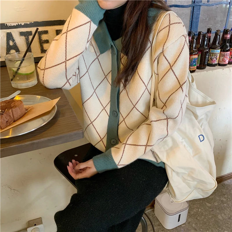 Argyle свитер пальто для женщин осень зима вязаный свитер Кардиган с длинным рукавом Повседневная Верхняя одежда однобортный джемпер оверсайз W141
