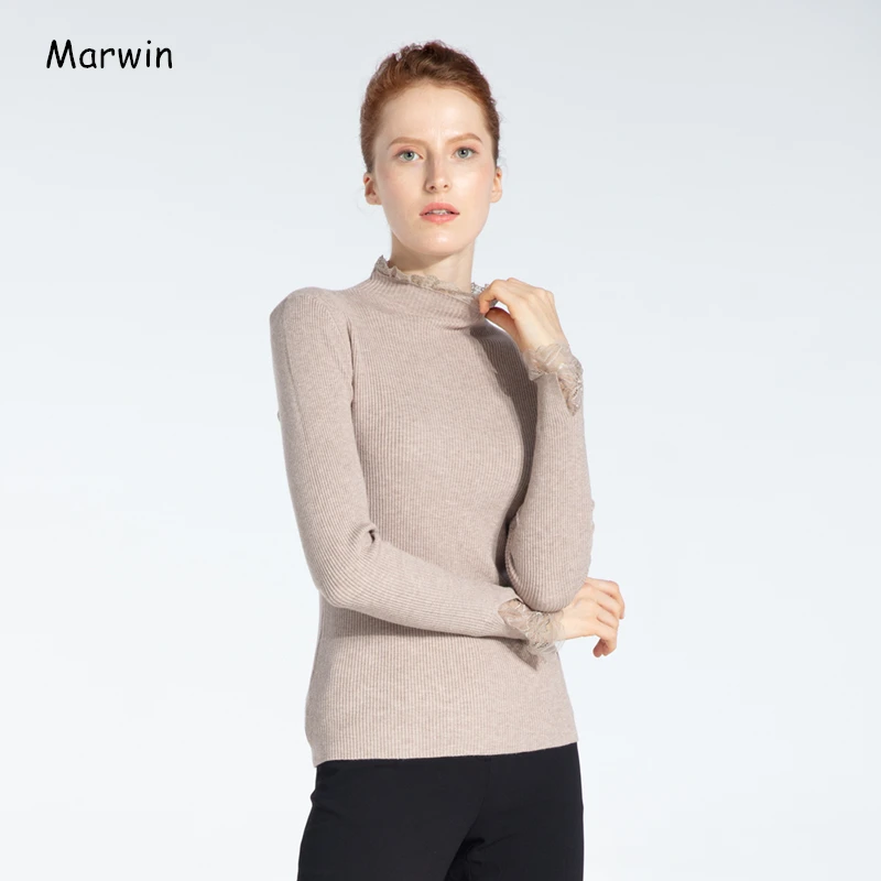 Marwin зимние однотонные с оборками воротник с рюшами Кружева высокий уличный стиль женские свитера мягкие теплые женские вязаные пуловеры
