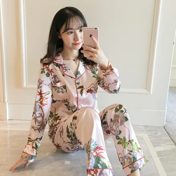 

Spring Fashion Silk Pajama Sets For Women Summer Long Sleeve Loose Comfort Pyjamas For Woman Premium Lapel Pijama Sleepwear