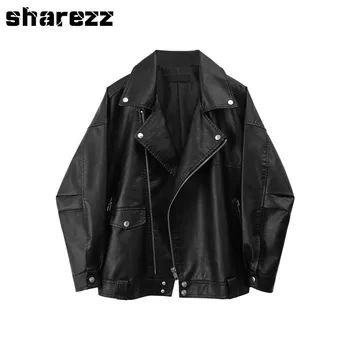 

2020 spring autumn pu faux Leather Women Coat Loose fit long sleeve zippers Oversize Locomotive Bf short Jacket fashion tide