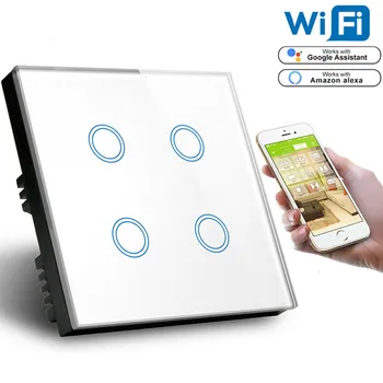 

EU Standard wifi smart switch Touch screen 4 Gang Alexa Voice Control Wall Wifi tuya Switch 1000W White Crystal Glass Panel 220V