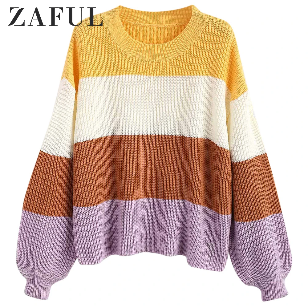 ZAFUL Color Block Stripes Pullover Sweater Women O-Neck Oversize Sweaters Lantern Sleeve Warm Pullovers Autumn Winter Loose Tops | Женская