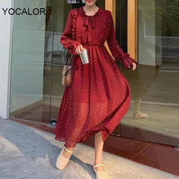

Yocalor Vintage Bow Neck Polka Dots Print Women Dress Ruffles Lace-up Female Chiffon Dress Elastic Waist A-line Vestidos 2020