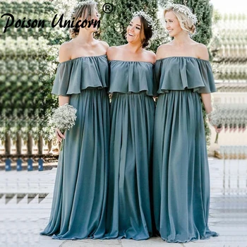 

New Style Bridesmaid Dresses Long Elegant Boat Neck Long Chiffon Draped Party Dress Vestiti Eleganti Donna Cerimonia Sera