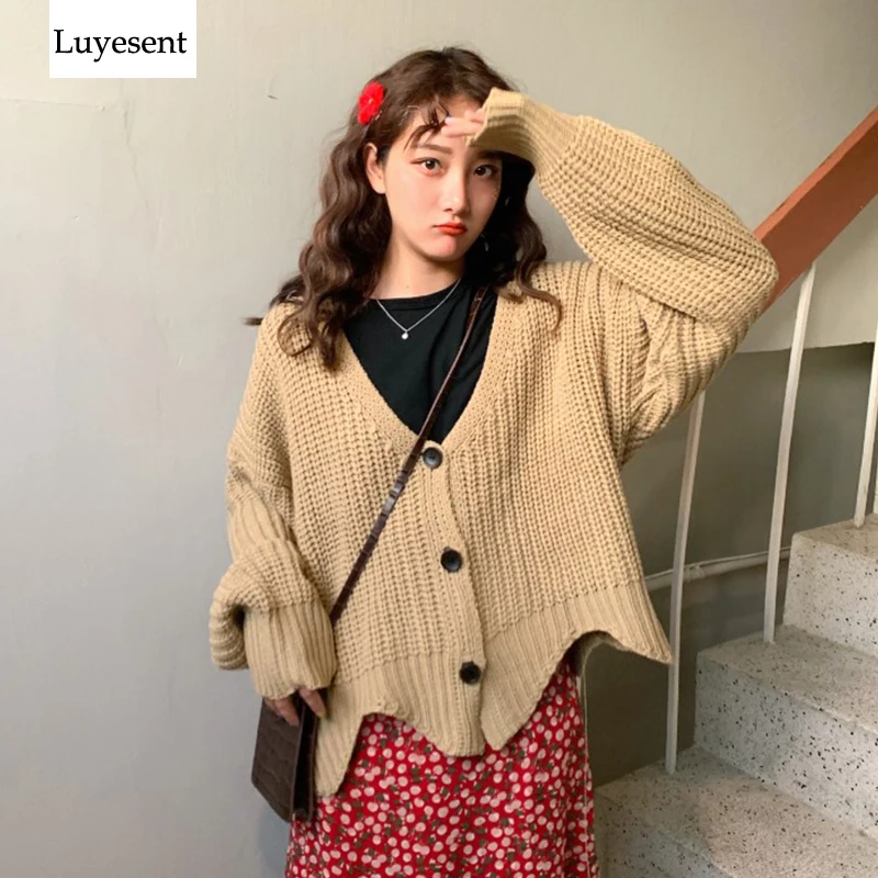 ^Cheap Deep V Neck Solid Khaki Women Cardigans Sweater 2020 Lady Retro Asymmetry Hem Loose Knit Winter Buttons Top Korean Style Jumpers