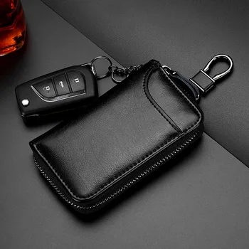 

Large Capacity Long Solid Color Genuine Leather Zipper Multi-function Car Key Case Business Key Pocket Vertical Square Soft Bag