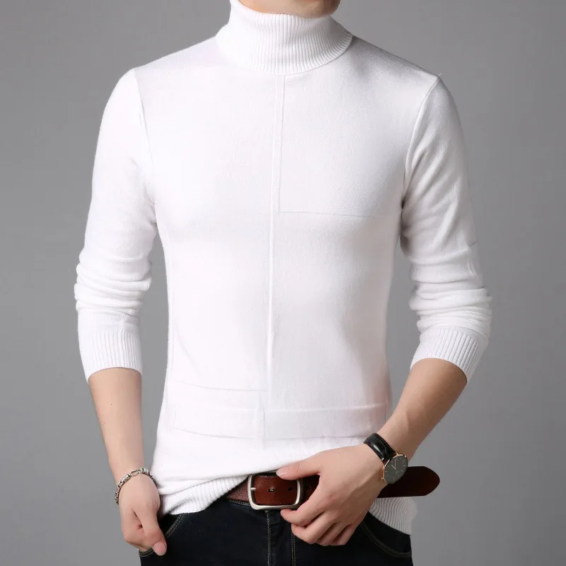 Turtleneck Sweater Men Knitting Pullovers Casual Male Sweaters Fashion Slim Men's Clothing Classic Lattice Solid Pullovers White