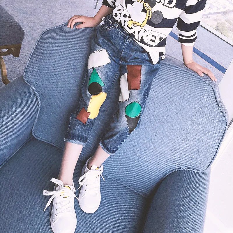 Детская одежда для девочек; весенняя одежда; Новинка года; стильные детские джинсы в Корейском стиле; весенне-осенние свободные брюки; Wome