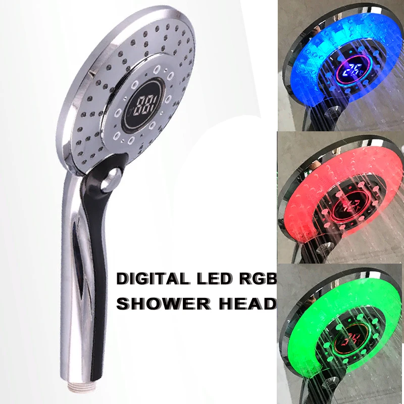 

Digital LED Shower Head 3-color Temperature Controlled Handheld LED Light 3 Spraying Mode RGB LED Bath Shower