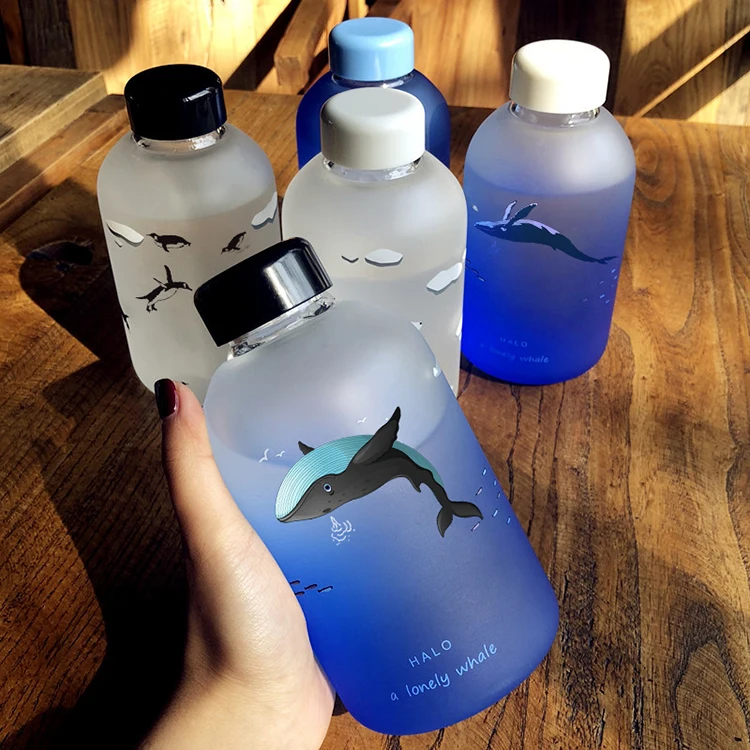 Whale Cup 600ML Frosted Glass Mup Leak-Proof Fashion Mineral Water Bottles  Drinkware Camping Travel Easy to Carry Sport Bottle