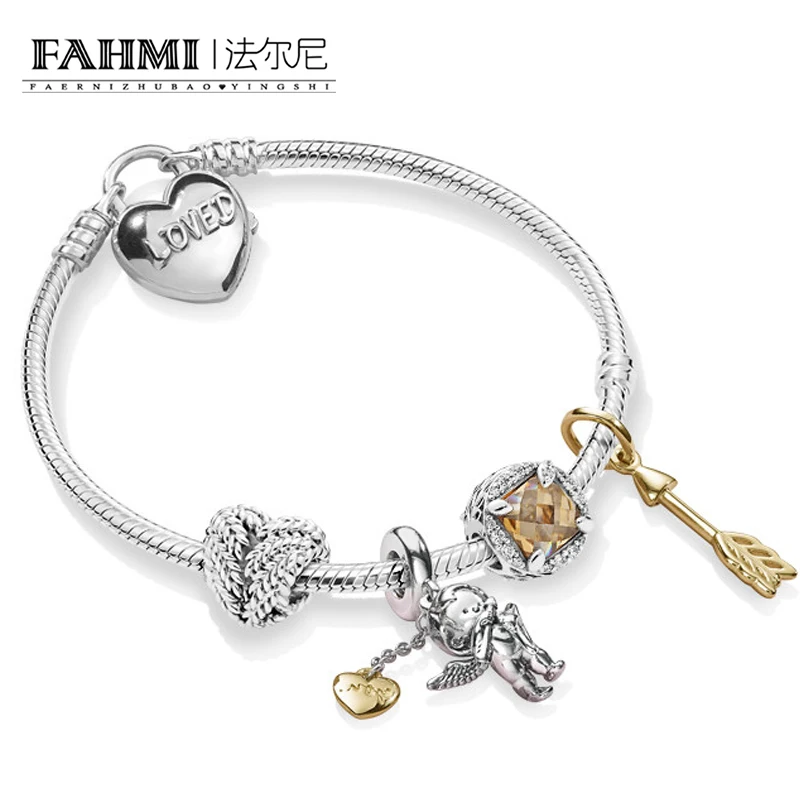 

FAHMI 100% 925 Sterling Silver Shining Love Cupid's Arrow Grain Heart Shaped Stringed Bracelet Set Valentine's Day Gift ZT0245