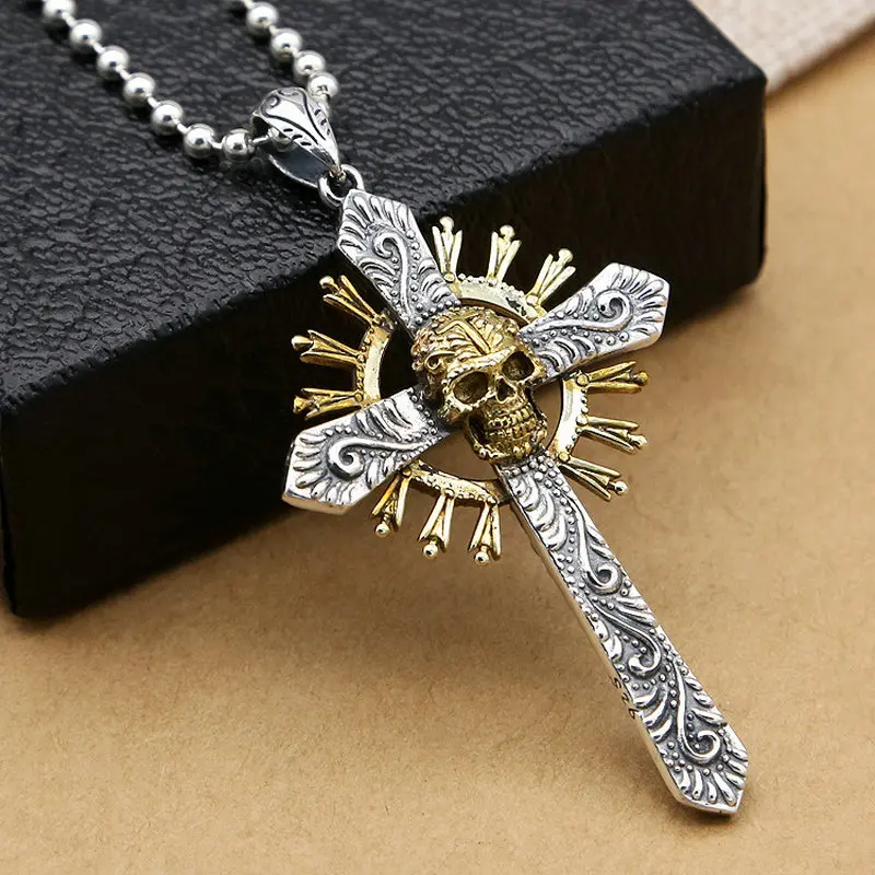 

39*70MM 925 Sterling Silver Retro Skull Cross Charms Pendant S925 Fine Jewelry Accessories