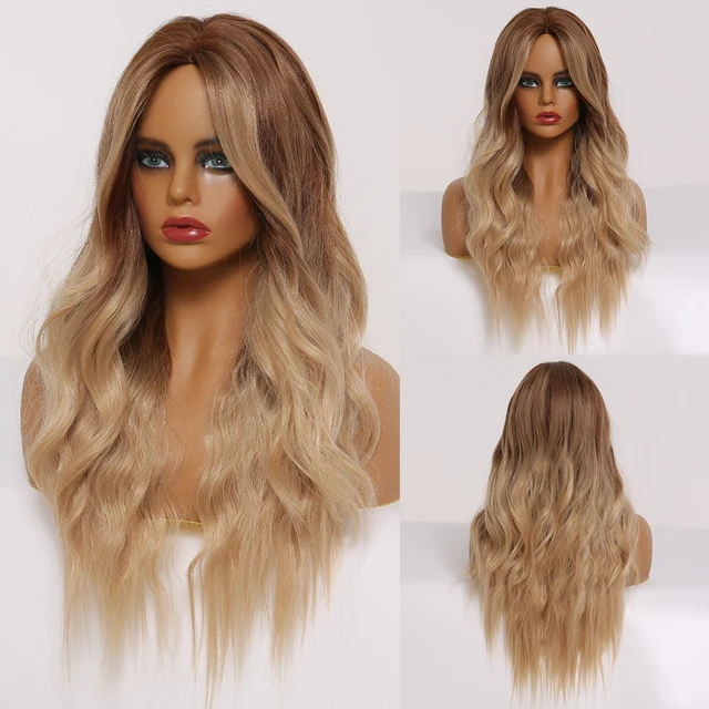 EASIHAIR Long Brown Ombre Synthetic Wigs for Women Natural Hair Wavy Wigs Ash Brown Blonde Heat Resistant Female Wig Cosplay LC289-1
