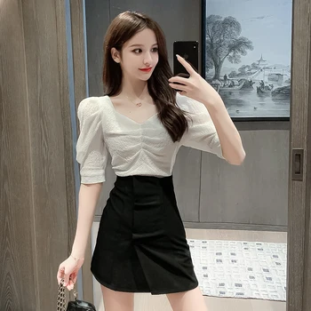 

COIGARSAM Short Sleeve blouse women Chiffon V-Neck blusas womens tops and blouses White Pink Light Purple 6859