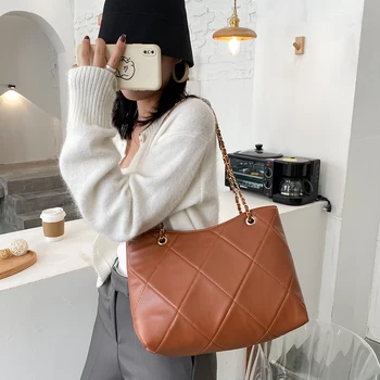 

Retro Lattice Pattern Big Shoulder Bags For Women 2020 Soft PU Leather Crossbody Bag Large Capacity Tote Bags Female Chain Bag