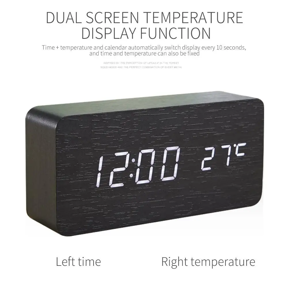 

USB Charging Alarm Clock Sounds Control Multi-Function Modern Digital Alarm Clock LED Wooden Portable Thermometer