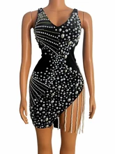 Rhinestones Pearls Fringe Irregular Birthday Black Dress Celebrate Prom Backless Party Outfit Women Evening Singer Dress Show