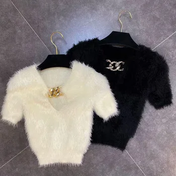 

Women Deep V knitted Sweater Short Sleeve Mohair Knitwear Jumpers White Black Pullover Top Metal Decor