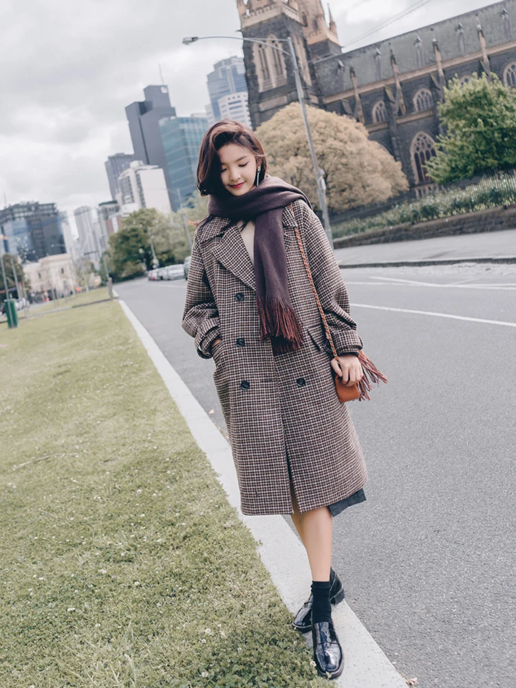 

2020 New Winter Korean Women Plaid Windbreaker Woolen Coat Elegant Female Middle Long New Retro Houndstooth Female Long Coat