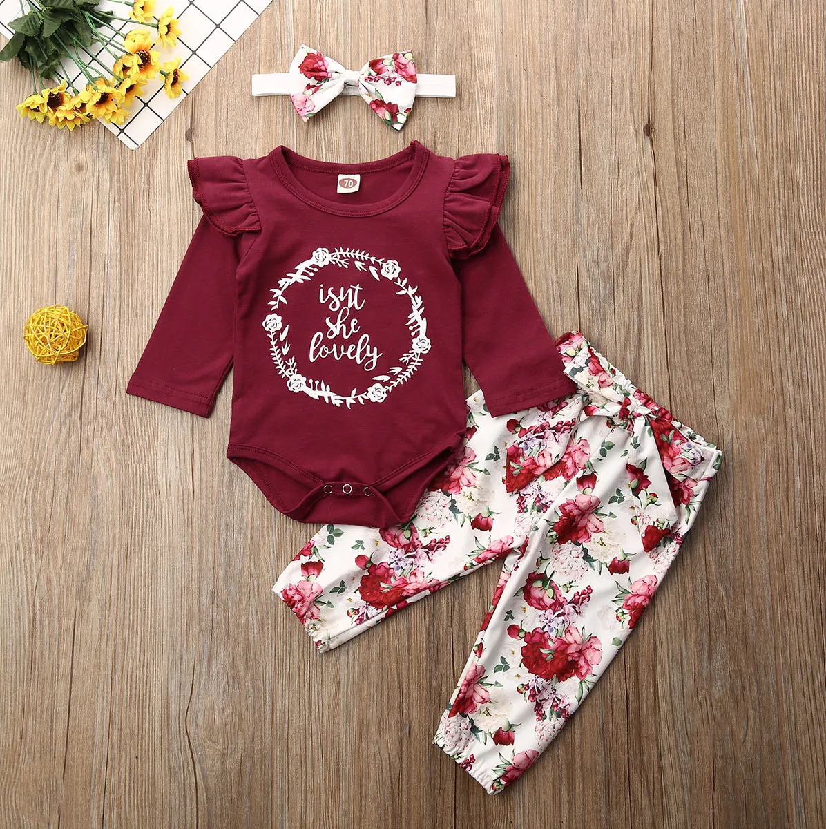 Одежда для маленьких девочек Одежда для новорожденных девочек хлопчатобумажный комбинезон с буквенным принтом комплект одежды с длинными штанами для детей от 0 до 24 месяцев