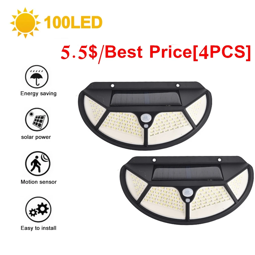 

100 LED Solar Lights Outdoor Lighting Lamp Powered Sunlight Waterproof PIR Motion Sensor Street Wall Light for Garden Decoration