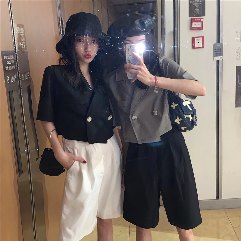 Summer New Style Korean-style Double Breasted Loose-Fit Short-sleeved Top Western Style Short Navel Small Suit Coat WOMEN'S