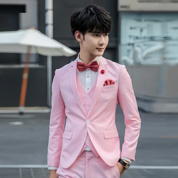 

2017 Spring 3 pieces ( jacket+pants+vest) pink mens prom suits terno masculino red men suits perfume masculino