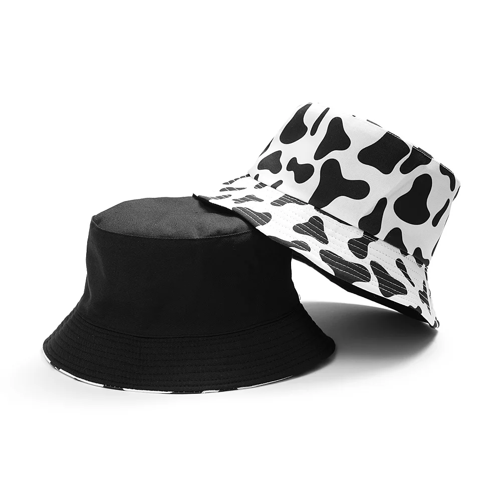 INS Star cute Black White Cow Bucket Hats Women Summer fishing hat Lady Two Side Fisherman hats girl Travel Panama cow print hat